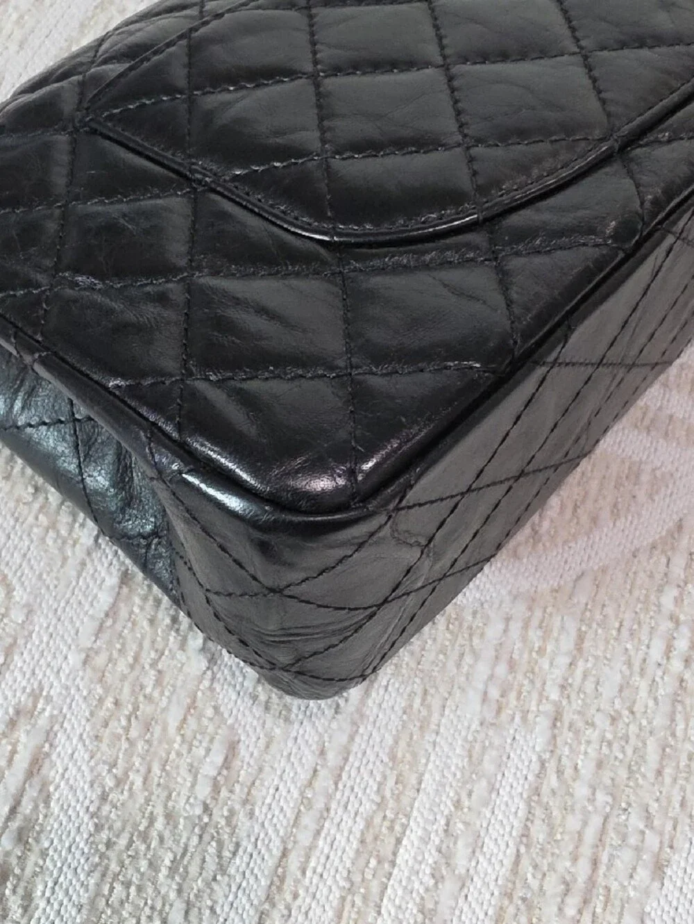 Chanel 2.55 Reissue Double Flap Black Crinkle Leather Shoulder Bag